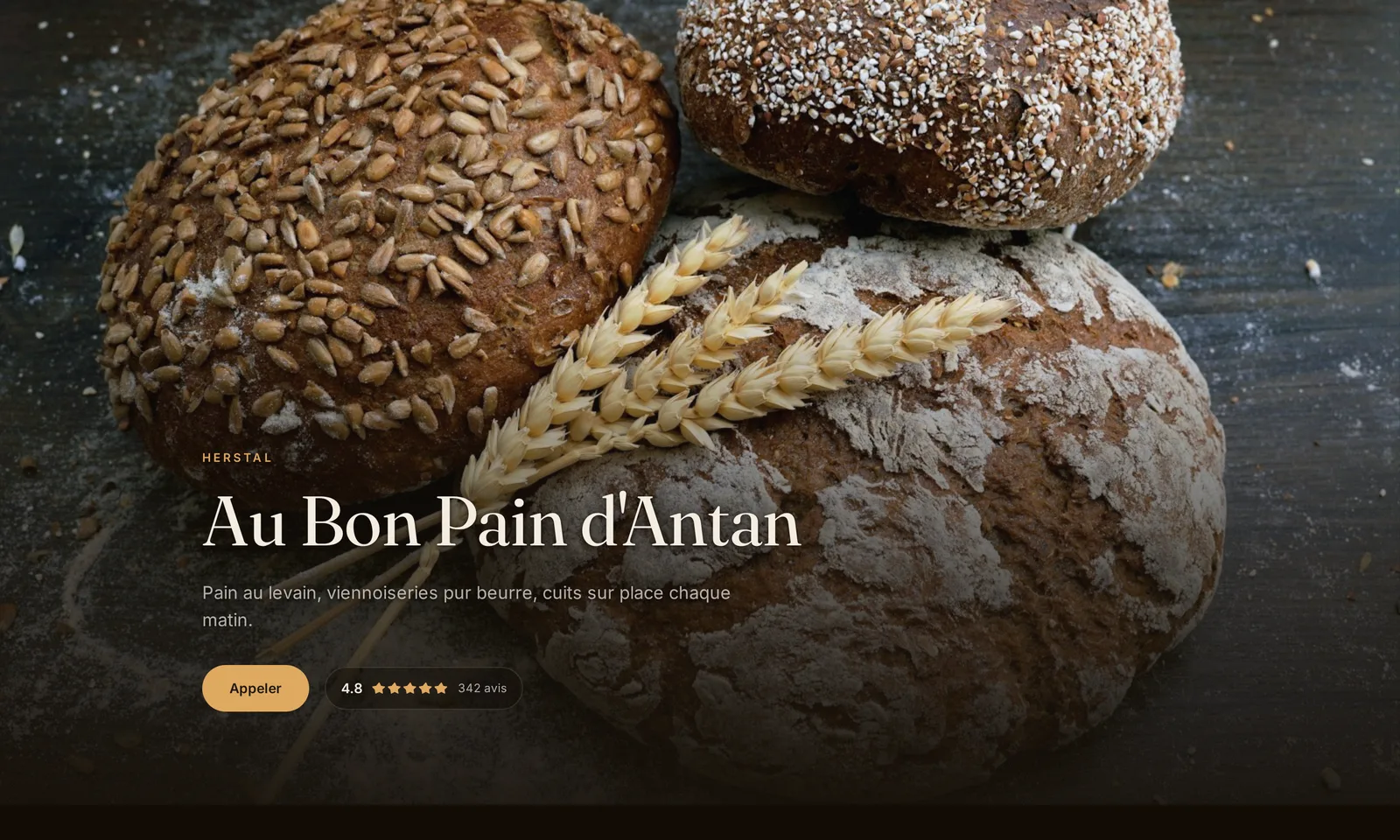 Capture de la démo MaDevanture d'une boulangerie : titre, photo de pains, bouton Appeler